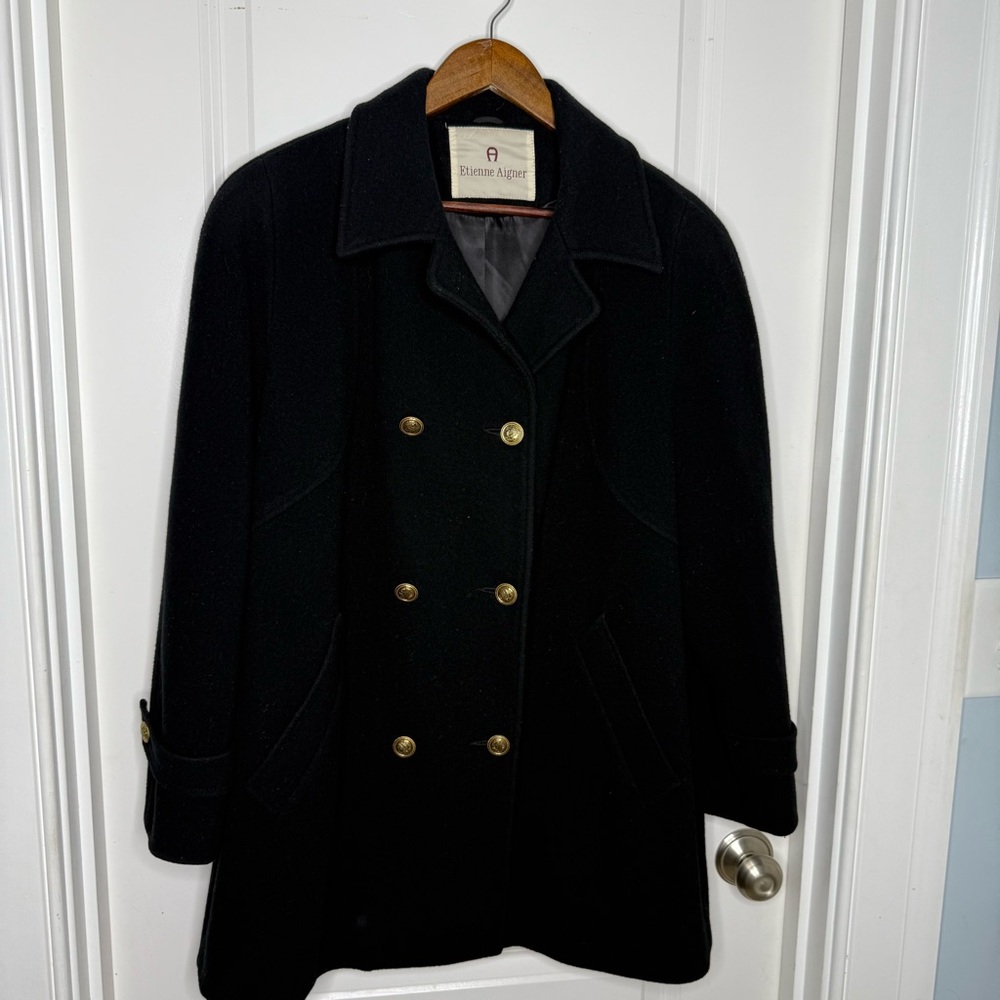 Etienne Aigner Vintage 100% Wool Pea Coat Black Gold Buttons Made in USA Size 12 - Picture 2 of 8